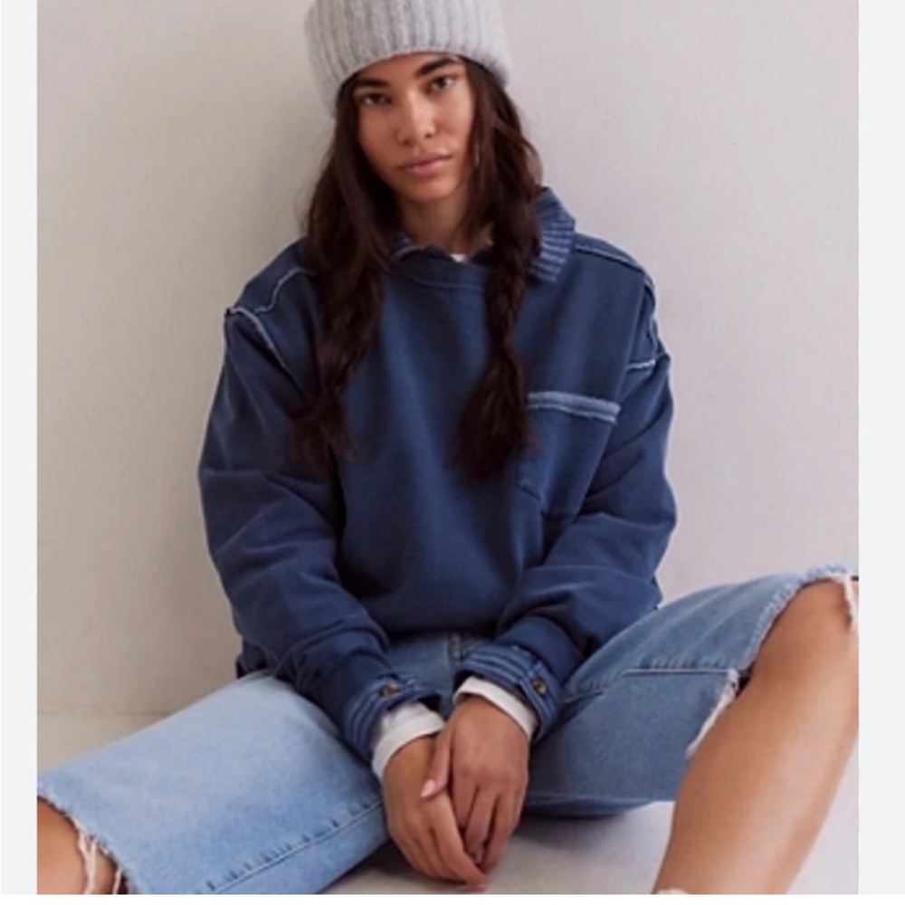 Free People Vintage-Inspired Blue Pullover Sweatshirt